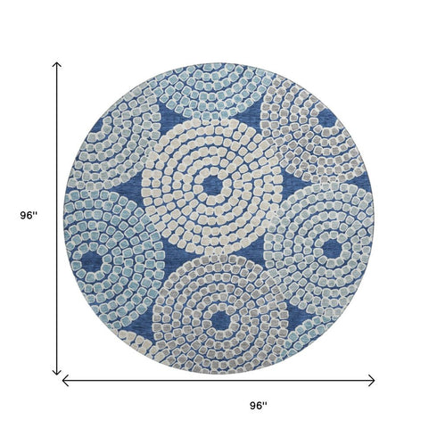 8' Navy Blue Gray And Beige Geometric Washable Round Rug With UV Protection