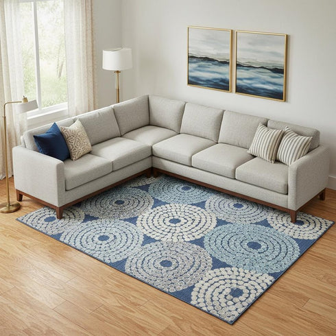 8' X 10' Navy Blue Gray And Beige Geometric Washable Area Rug With UV Protection