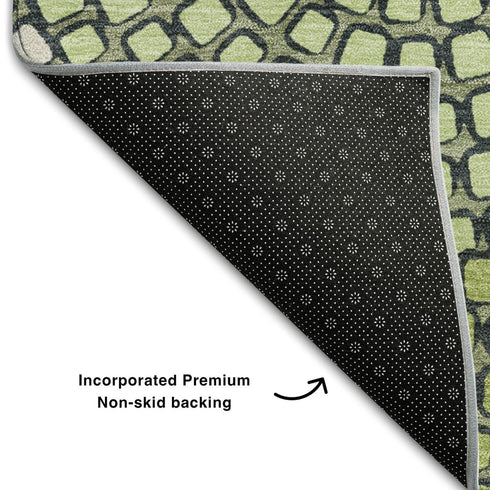 5' X 8' Olive Green Beige And Ivory Geometric Washable Area Rug With UV Protection
