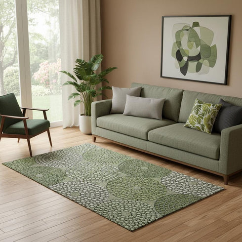 5' X 8' Olive Green Beige And Ivory Geometric Washable Area Rug With UV Protection