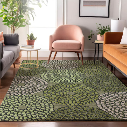 8' X 10' Olive Green Beige And Ivory Geometric Washable Area Rug With UV Protection