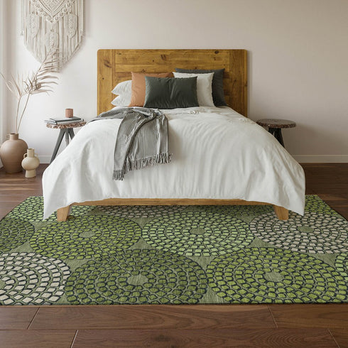8' X 10' Olive Green Beige And Ivory Geometric Washable Area Rug With UV Protection