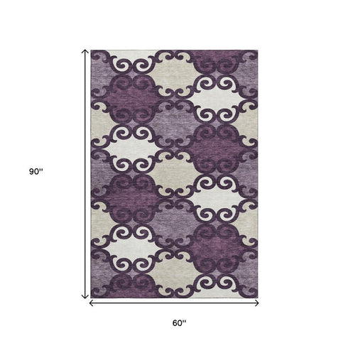 5' X 8' Eggplant Beige And Ivory Trellis Washable Area Rug With UV Protection