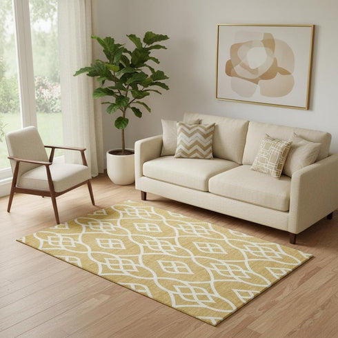 5' X 8' Gold And Ivory Trellis Washable Area Rug With UV Protection