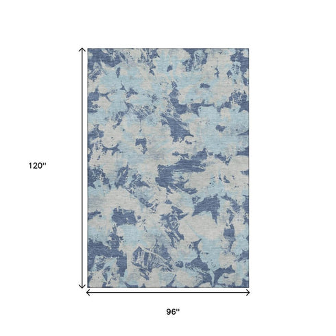 8' X 10' Navy Blue Silver And Sky Blue Floral Washable Area Rug With UV Protection