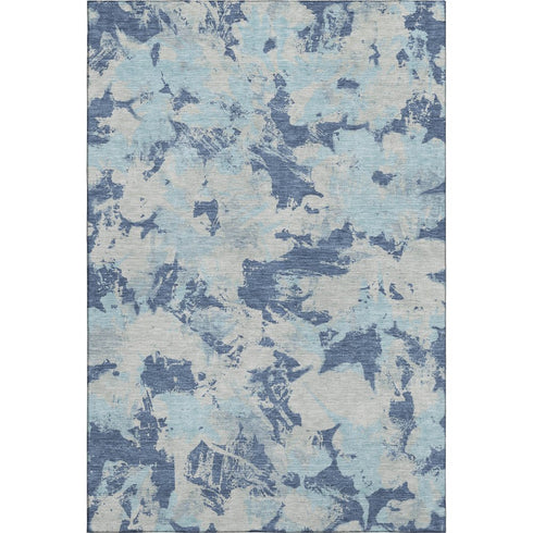8' X 10' Navy Blue Silver And Sky Blue Floral Washable Area Rug With UV Protection