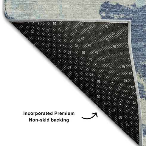8' X 10' Navy Blue Silver And Sky Blue Floral Washable Area Rug With UV Protection