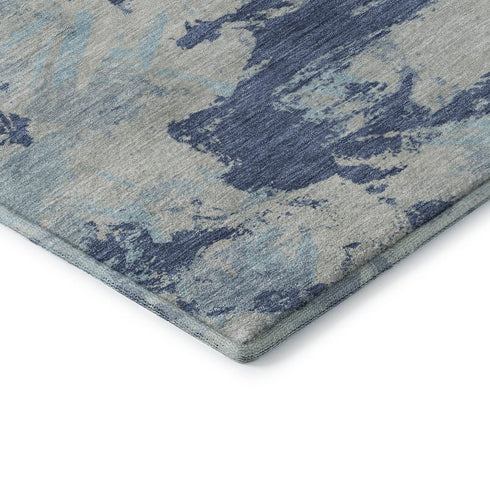8' X 10' Navy Blue Silver And Sky Blue Floral Washable Area Rug With UV Protection