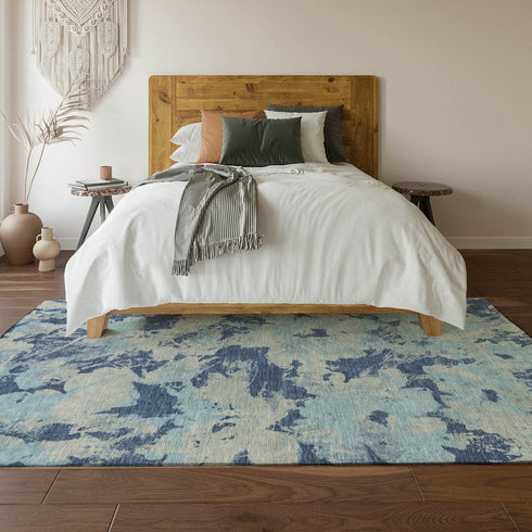 8' X 10' Navy Blue Silver And Sky Blue Floral Washable Area Rug With UV Protection