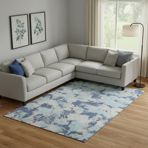 8' X 10' Navy Blue Silver And Sky Blue Floral Washable Area Rug With UV Protection