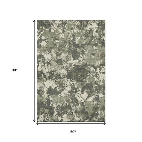 5' X 8' Olive Green Beige And Ivory Floral Washable Area Rug With UV Protection