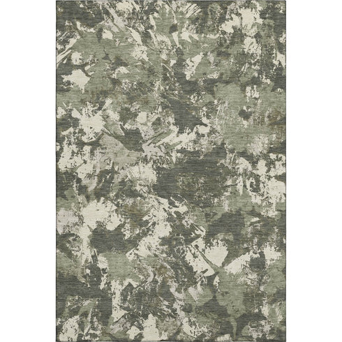 5' X 8' Olive Green Beige And Ivory Floral Washable Area Rug With UV Protection