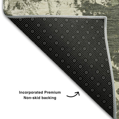 5' X 8' Olive Green Beige And Ivory Floral Washable Area Rug With UV Protection