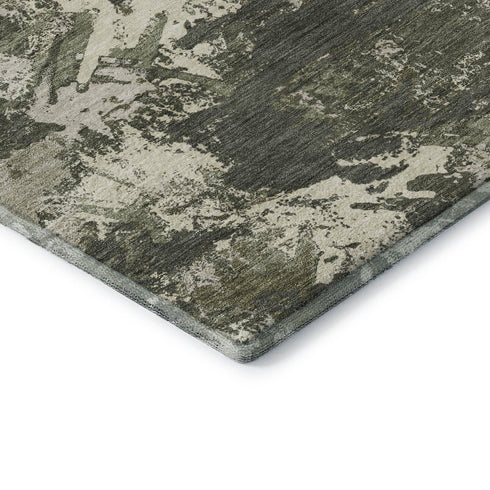 5' X 8' Olive Green Beige And Ivory Floral Washable Area Rug With UV Protection