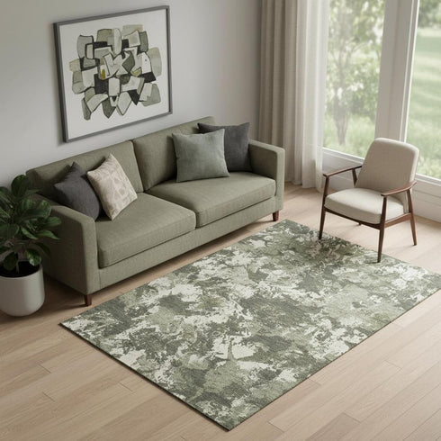 5' X 8' Olive Green Beige And Ivory Floral Washable Area Rug With UV Protection