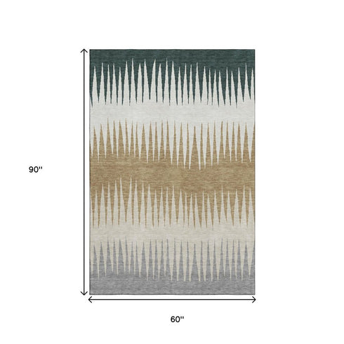 5' X 8' Charcoal Gold And Gray Striped Washable Area Rug With UV Protection