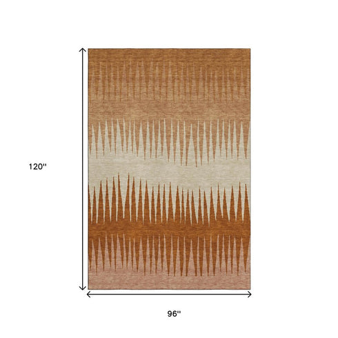 8' X 10' Copper And Beige Striped Washable Area Rug With UV Protection