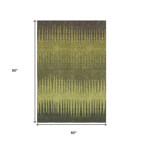 5' X 8' Olive Green Gray And Fern Green Striped Washable Area Rug With UV Protection