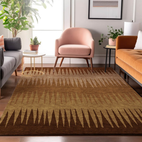 9' X 12' Rust Copper And Beige Striped Washable Area Rug With UV Protection