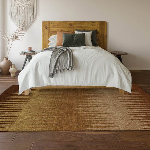 9' X 12' Rust Copper And Beige Striped Washable Area Rug With UV Protection