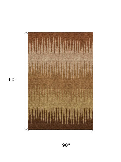 9' X 12' Rust Copper And Beige Striped Washable Area Rug With UV Protection