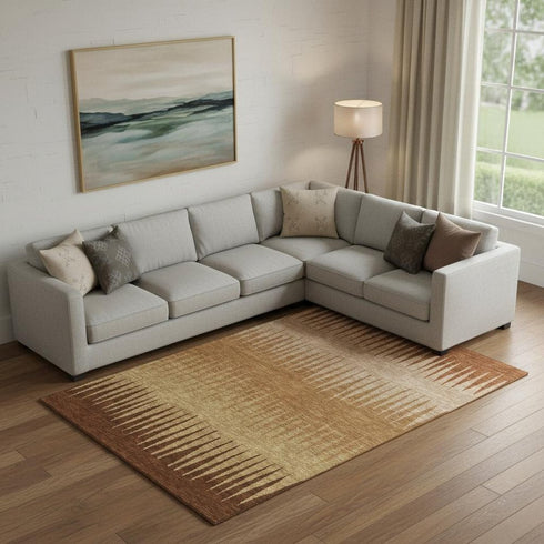 9' X 12' Rust Copper And Beige Striped Washable Area Rug With UV Protection