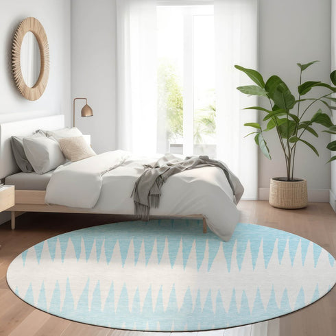 8' Sky Blue And Ivory Striped Washable Round Rug With UV Protection