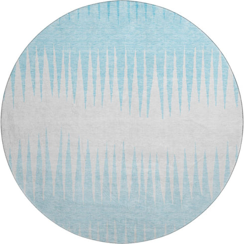 8' Sky Blue And Ivory Striped Washable Round Rug With UV Protection