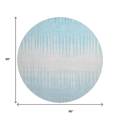 8' Sky Blue And Ivory Striped Washable Round Rug With UV Protection