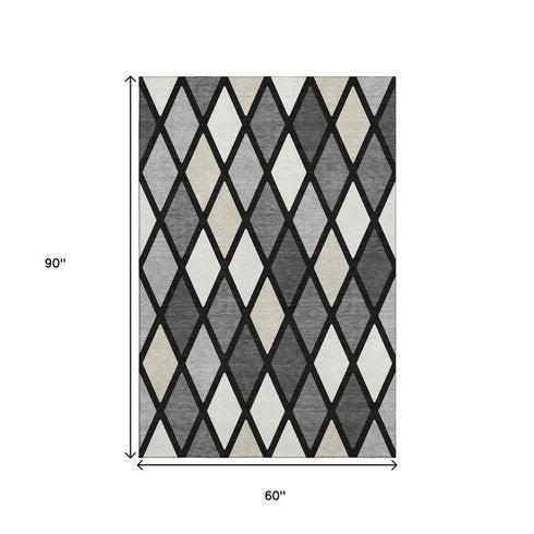 5' X 8' Black Ivory And Gray Geometric Washable Area Rug With UV Protection