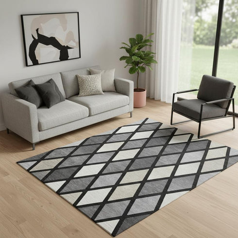 5' X 8' Black Ivory And Gray Geometric Washable Area Rug With UV Protection