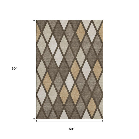 5' X 8' Brown Beige And Gold Geometric Washable Area Rug With UV Protection