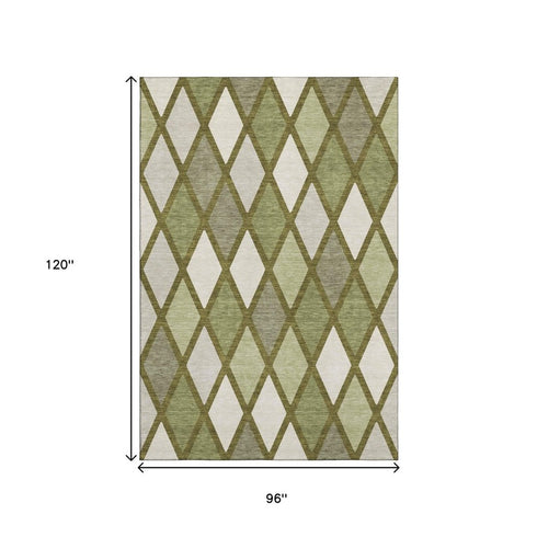 8' X 10' Olive Green And Ivory Geometric Washable Area Rug With UV Protection