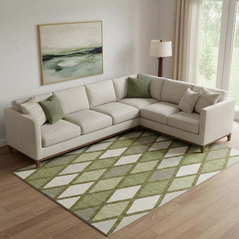 8' X 10' Olive Green And Ivory Geometric Washable Area Rug With UV Protection