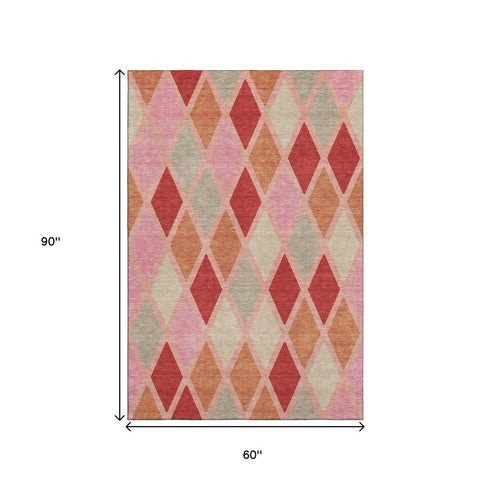 5' X 8' Pink Red And Gray Geometric Washable Area Rug With UV Protection