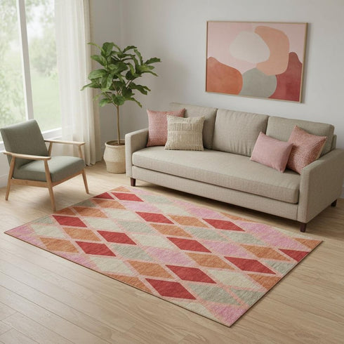 5' X 8' Pink Red And Gray Geometric Washable Area Rug With UV Protection