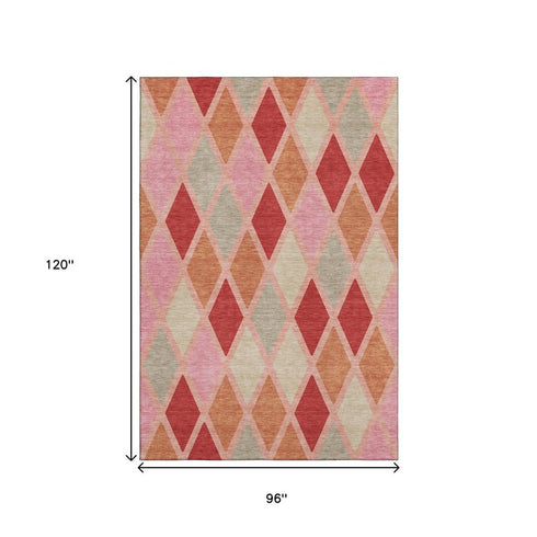 8' X 10' Pink Red And Gray Geometric Washable Area Rug With UV Protection