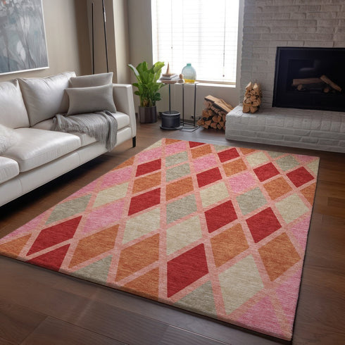 8' X 10' Pink Red And Gray Geometric Washable Area Rug With UV Protection
