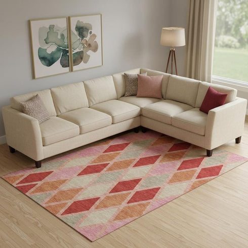 8' X 10' Pink Red And Gray Geometric Washable Area Rug With UV Protection