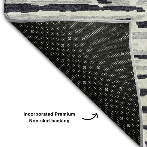 5' X 8' Black And Ivory Striped Washable Area Rug With UV Protection