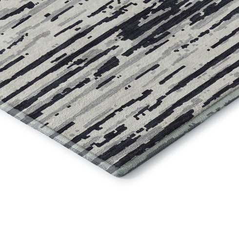 5' X 8' Black And Ivory Striped Washable Area Rug With UV Protection