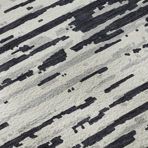 5' X 8' Black And Ivory Striped Washable Area Rug With UV Protection