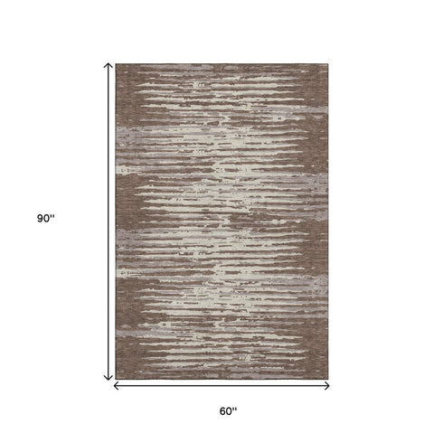 5' X 8' Brown And Ivory Striped Washable Area Rug With UV Protection