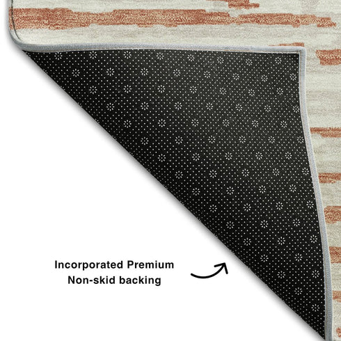 5' X 8' Coral And Ivory Striped Washable Area Rug With UV Protection