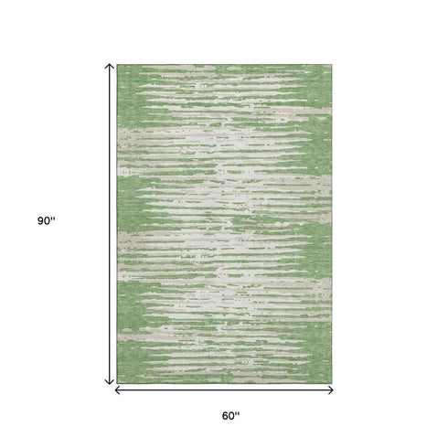 5' X 8' Green And Ivory Striped Washable Area Rug With UV Protection