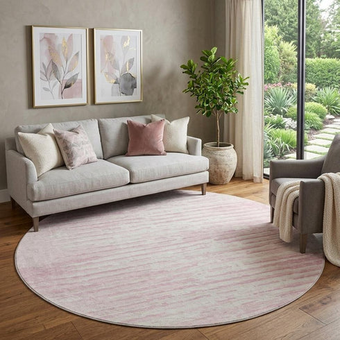 8' Pink And Ivory Striped Washable Round Rug With UV Protection