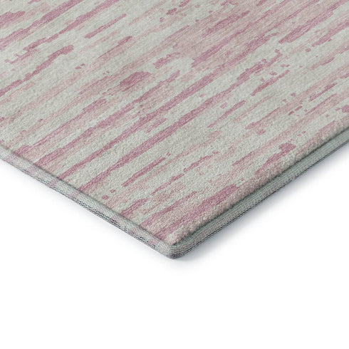 8' Pink And Ivory Striped Washable Round Rug With UV Protection