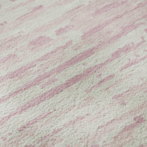 8' Pink And Ivory Striped Washable Round Rug With UV Protection