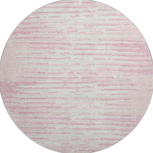 8' Pink And Ivory Striped Washable Round Rug With UV Protection