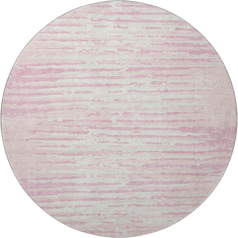 8' Pink And Ivory Striped Washable Round Rug With UV Protection